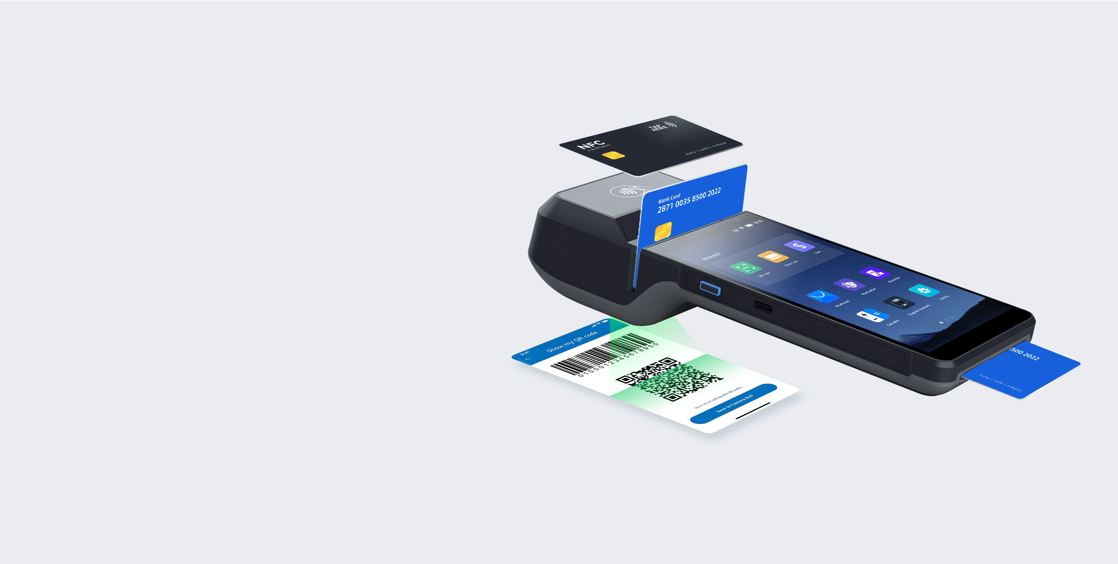 P5 handheld accepting tap, chip and QR payments