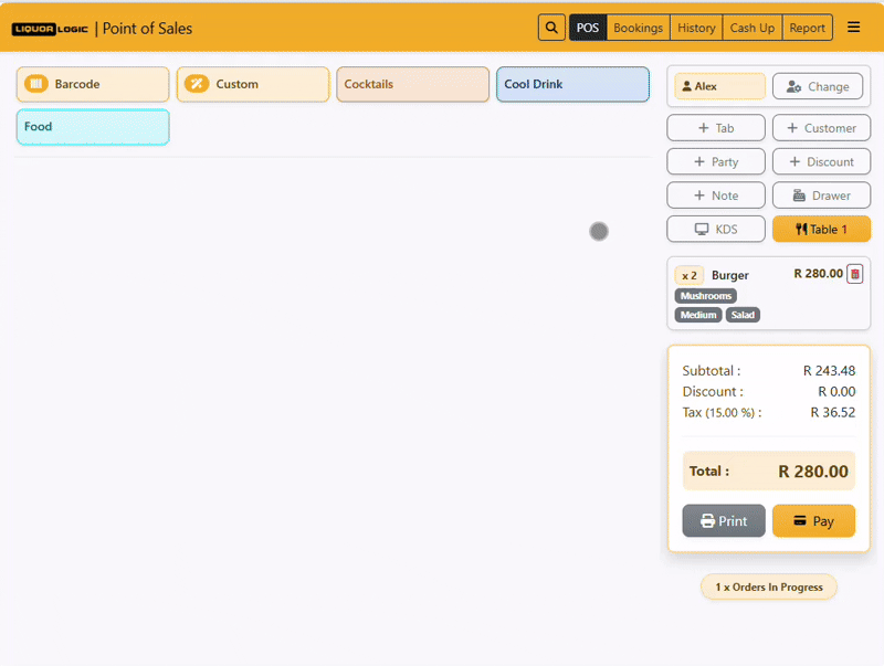 Liquor Logic bar POS split bill — splitting a group's bar tab across multiple payment methods