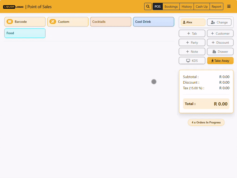 Liquor Logic Order Flow — table select → add items → modifiers → send to kitchen