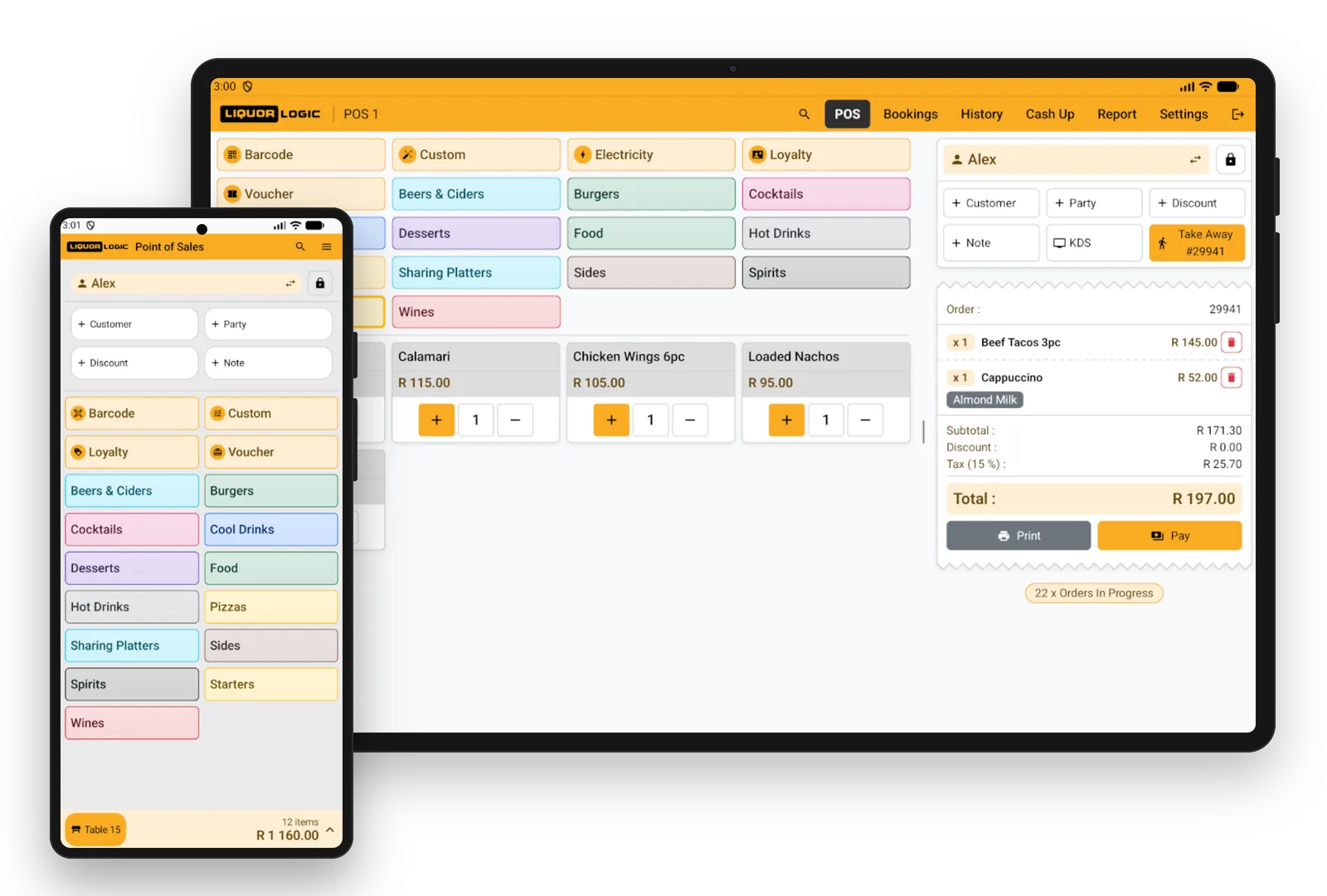 Android tablet on the counter, phone in hand — POS screen