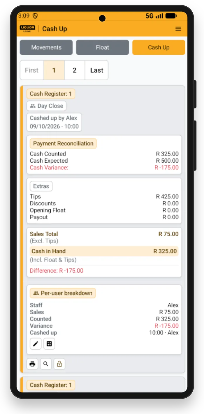 Cash-up on the Liquor Logic Android app