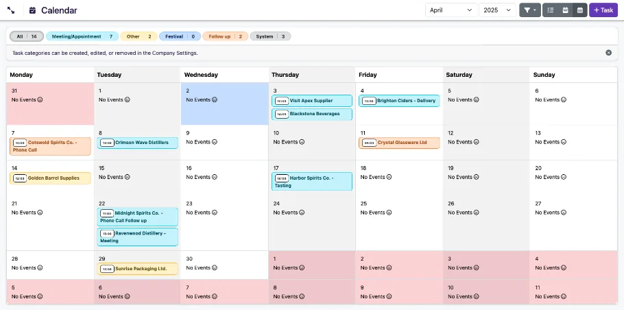 Calendar and task management in Liquor Logic