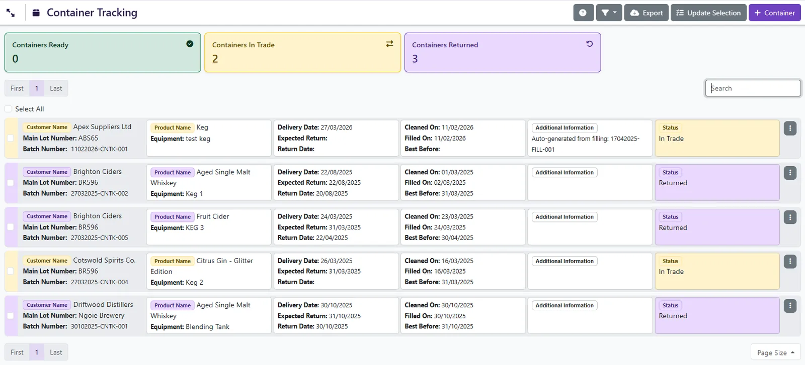 Container and keg tracking in Liquor Logic
