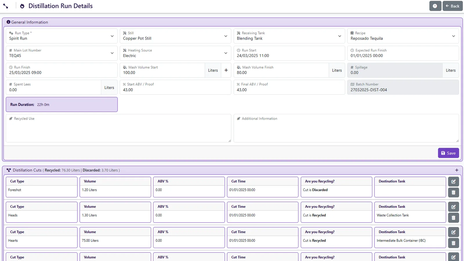Distillation batch tracking in Liquor Logic