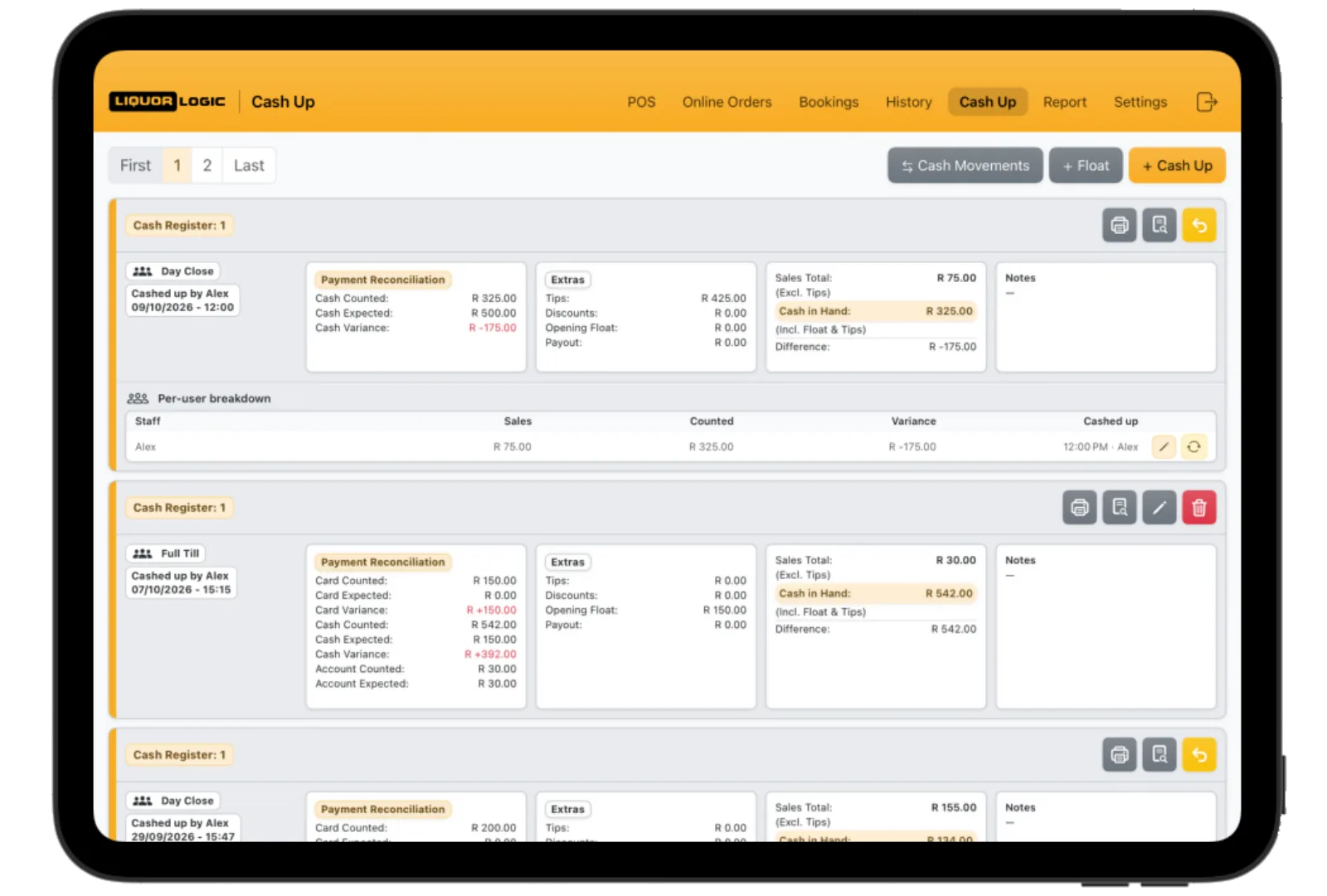 iPad — Cash Up screen
