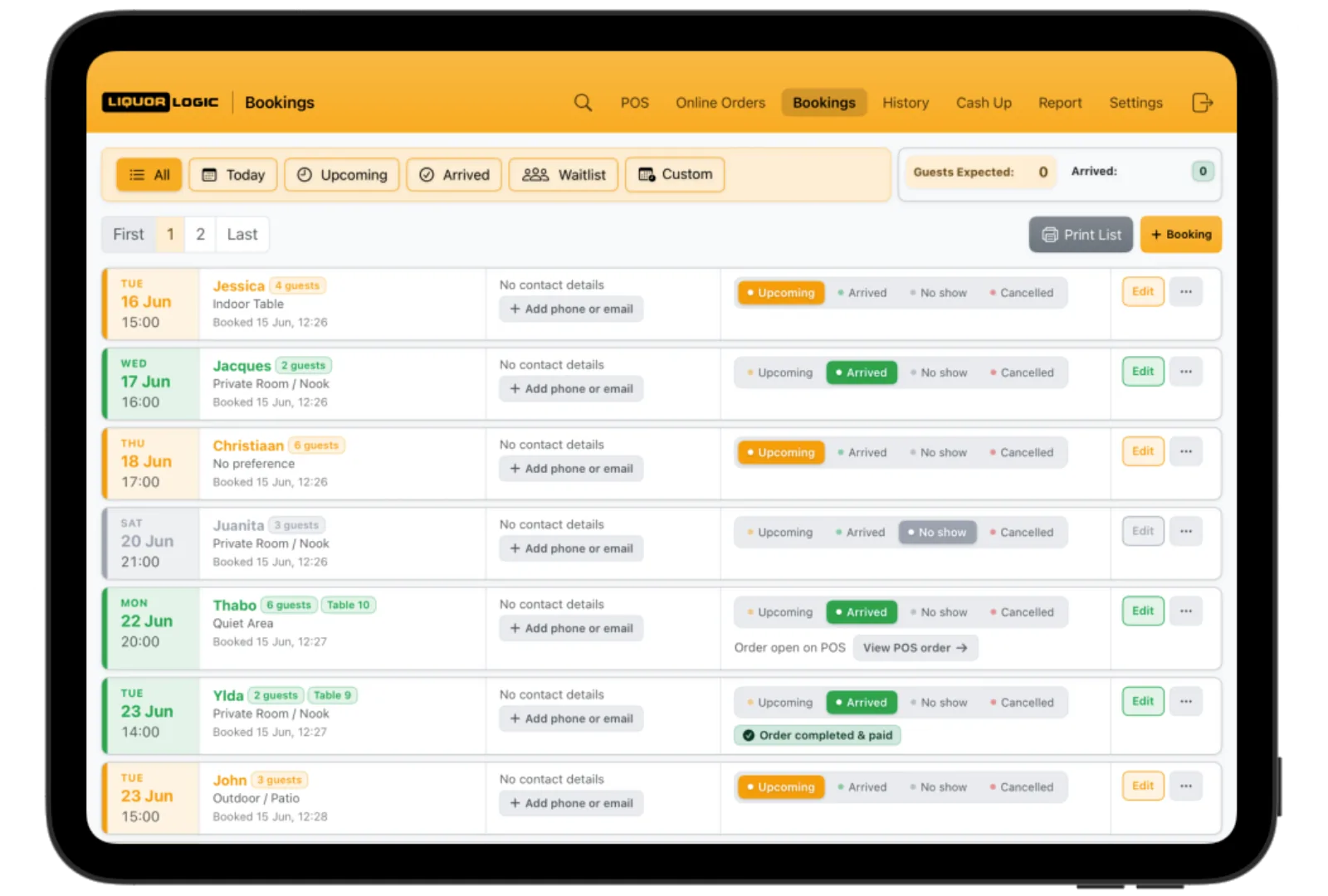 iPad — Bookings screen