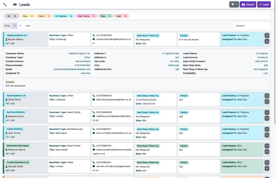 Sales leads and CRM management in Liquor Logic