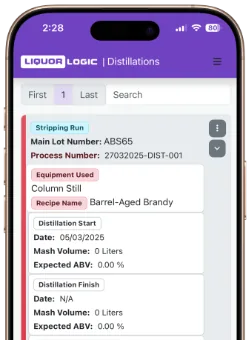 Distillations on the Liquor Logic mobile view