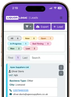 Leads on the Liquor Logic mobile view